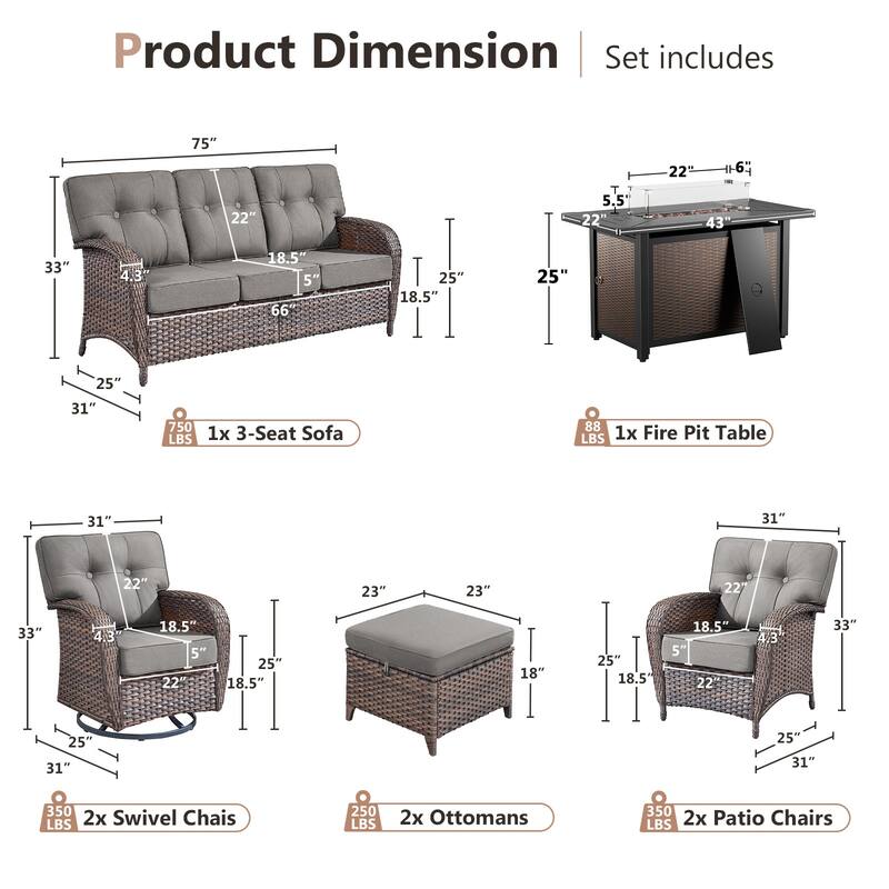 Pocassy Outdoor 43 In Fire Table with Sofa Swivel Patio Chair Set