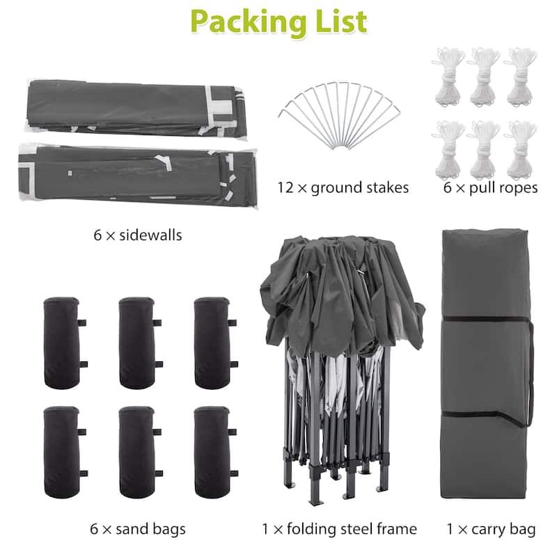 10 ft. x 20 ft. Pop Up Canopy Outdoor Portable Party Wedding Tent with 6 Removable Sidewalls and Carry Bag + 6pcs Weight Bag