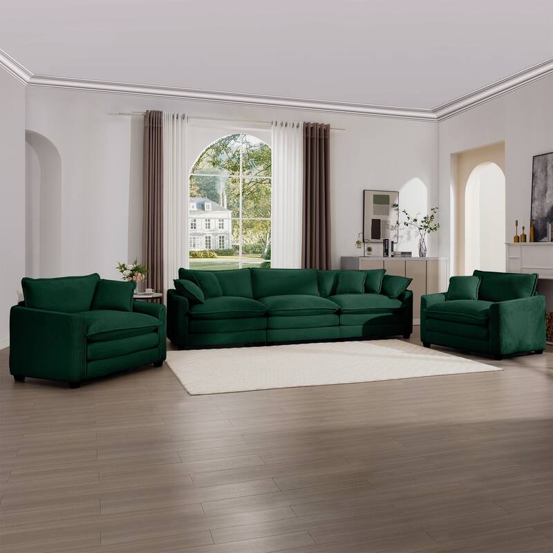 3-Piece Corduroy Flexible Combinations Sofa Set with 3-Seater Cushions Sofas and 2 Single Sofa Chairs for Livingroom