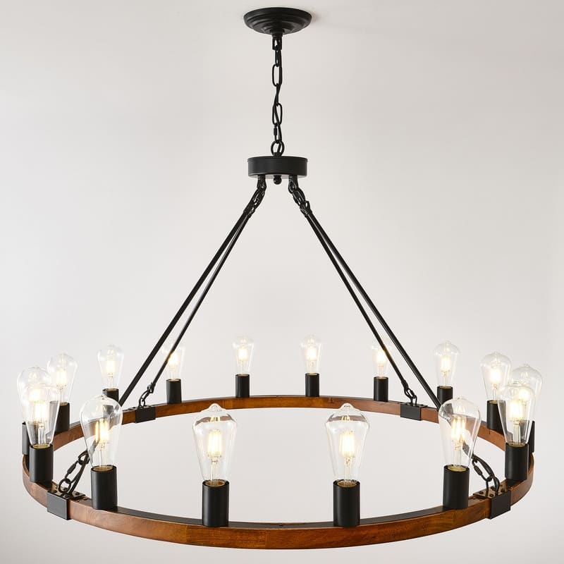 Farmhouse Wagon Wheel Chandelier - Rustic Wood & Metal Adjustable Pendant Light for Dining Rooms, Kitchens & Entryways