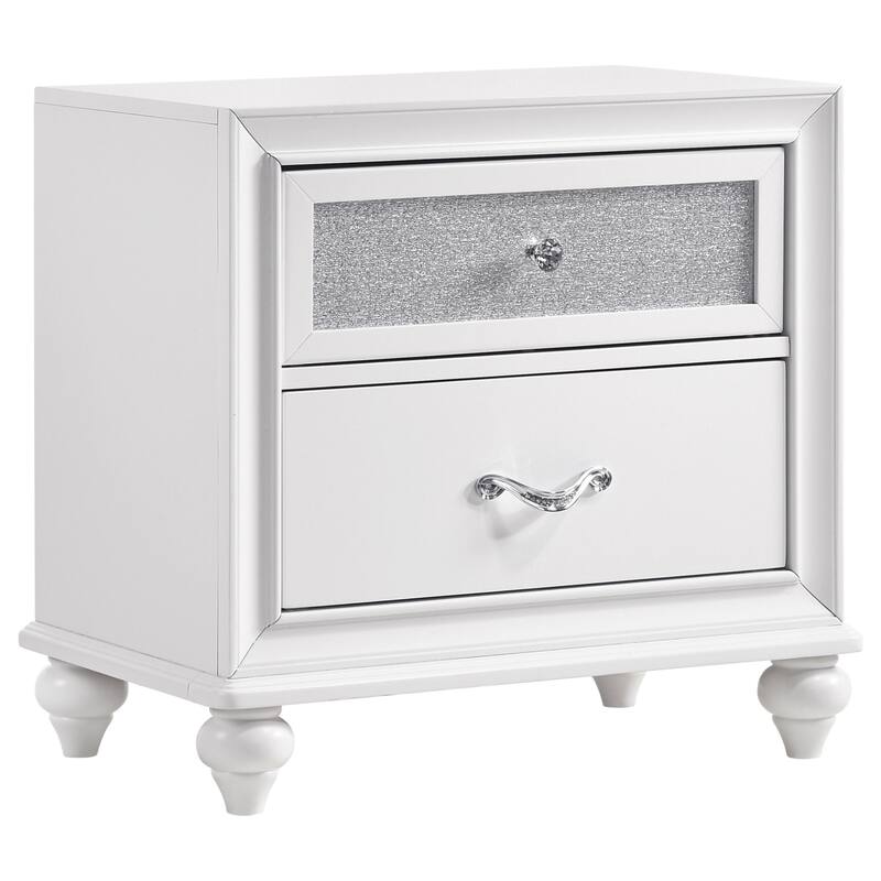 White 2-Drawer Nightstand with Crystal Hardware - Modern Design