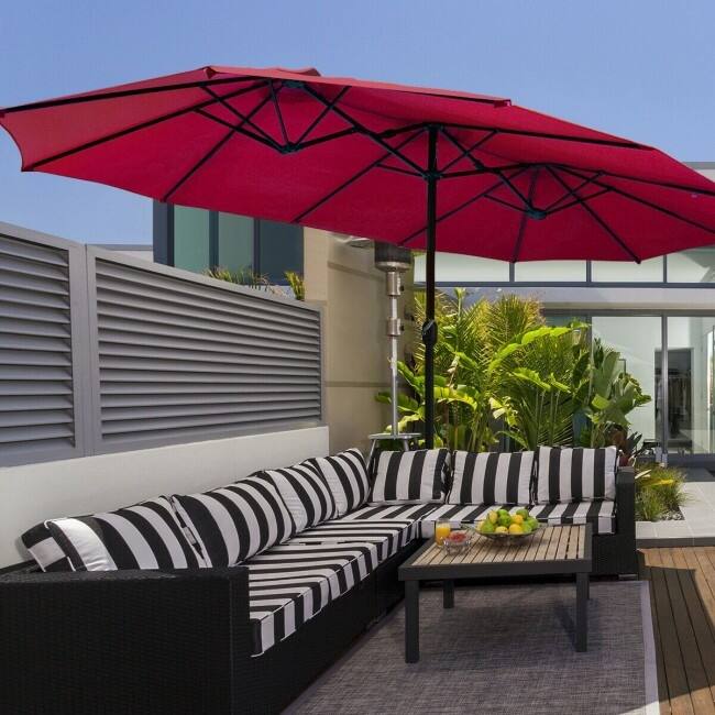 15 Foot Extra Large Patio Double Sided Umbrella with Crank and Base - 15' x 8' (W x H)