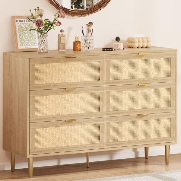 Natural Rattan 6-Drawer Dresser with Gold Legs & Handles, Wide Storage Chest  for Bedroom or Living Room - On Sale - Bed Bath & Beyond - 43051567