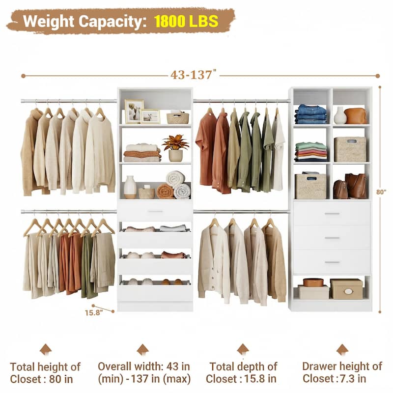 Set of 2 Closet System with 7 Wooden Drawers ＆ 4 Hanging Rods, Heavy Duty Walk-in Closet Organizer System with Shelves