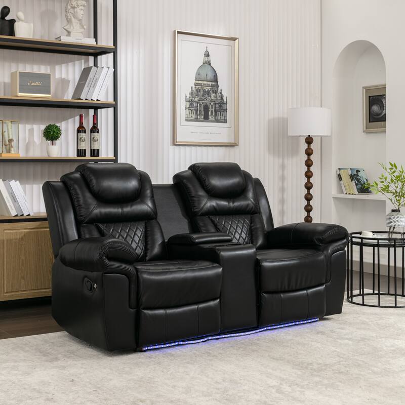 Home Theater Seating Manual Recliner Loveseat with Hide-Away Storage, Cup Holders and LED Light Strip for Living Room, Black - Black
