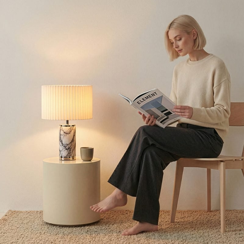 Brightech Arden 17 in. Marble Mid-Century Modern LED Table Lamp with Fabric Drum Shade and Built-In Charging Port