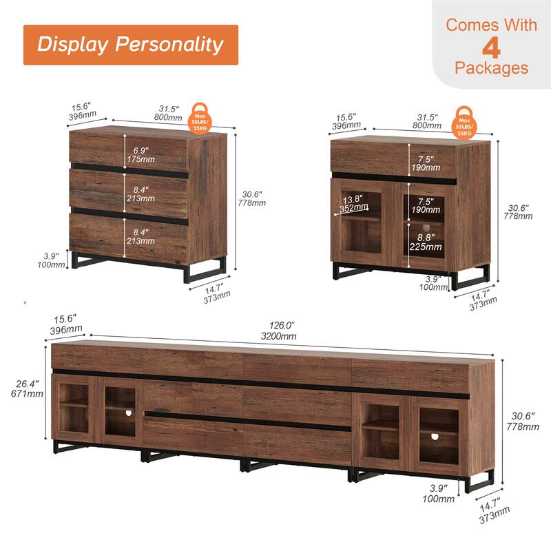 4-in-1 TV Stand for 120" TVs, Modern Console with Glass Doors & 8 Drawers