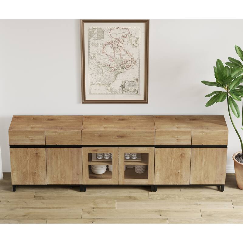 WAMPAT Modern Sideboard with Adjustable Shelves and Drawer, 3 in 1 Storage Cabinet with Glass Doors for Living Room, Kitchen