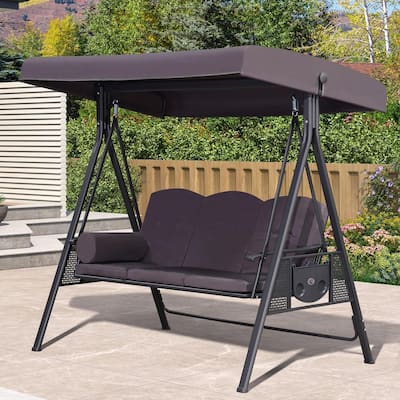 PURPLE LEAF 3-seat Outdoor Porch Swing All-Weather Steel Frame for Backyard Front Porch Lawn, Cushions and Pillow Included