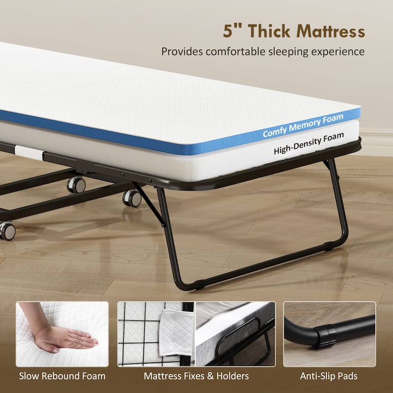 31.5"W Portable Foldable Steel Frame Bed with Mattress