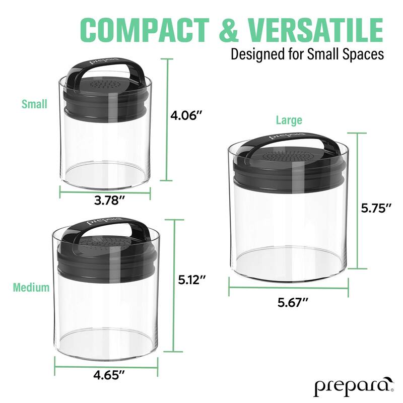 Prepara Evak Fresh Saver Short - Black Handle, Variety Pack (Set of 3) - L: 5.75 × 5.67" M: 5.12 × 4.65" S: 4.06 × 3.78"