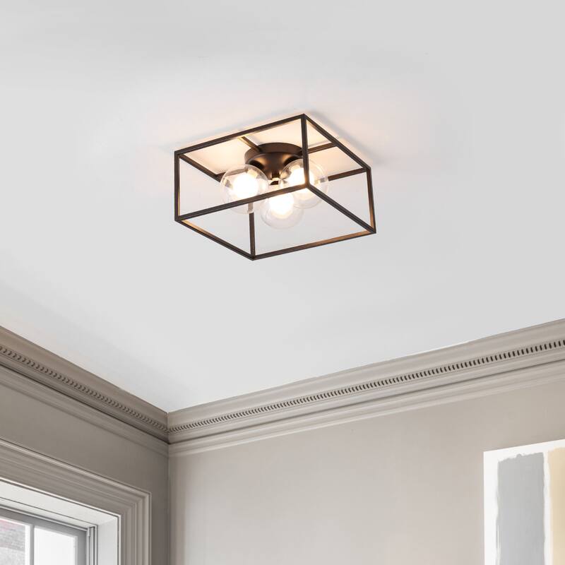 Payton 14" 3-Light Modern Farmhouse Metal/Iron Open-Caged LED Flush Mount, Oil Rubbed Bronze , by JONATHAN Y