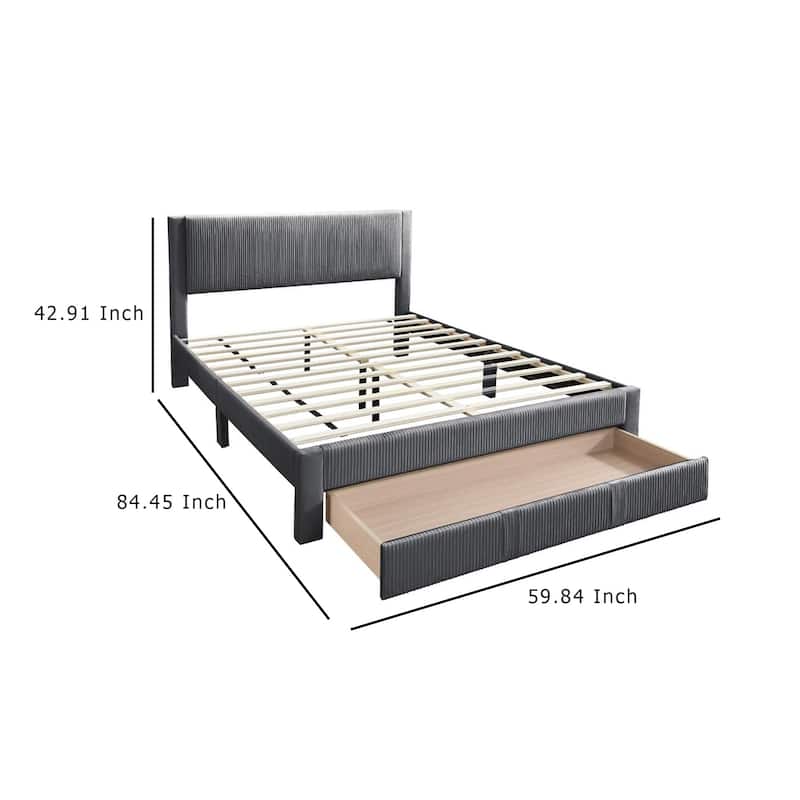 Peo Queen Size Bed w Storage Drawer, Charcoal Gray Corduroy Upholstery