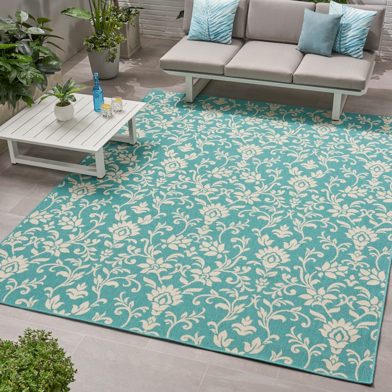 Sea Foam Outdoor Botanical Area Rug, Blue and Ivory by Christopher Knight Home