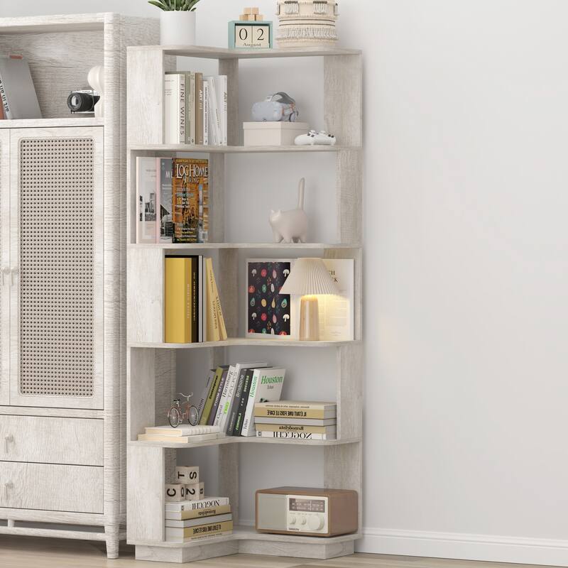 6-Tier L-Shaped Corner Bookshelf, Freestanding Wooden Bookcase with Anti-Drop Panel & Anti-Tip Device
