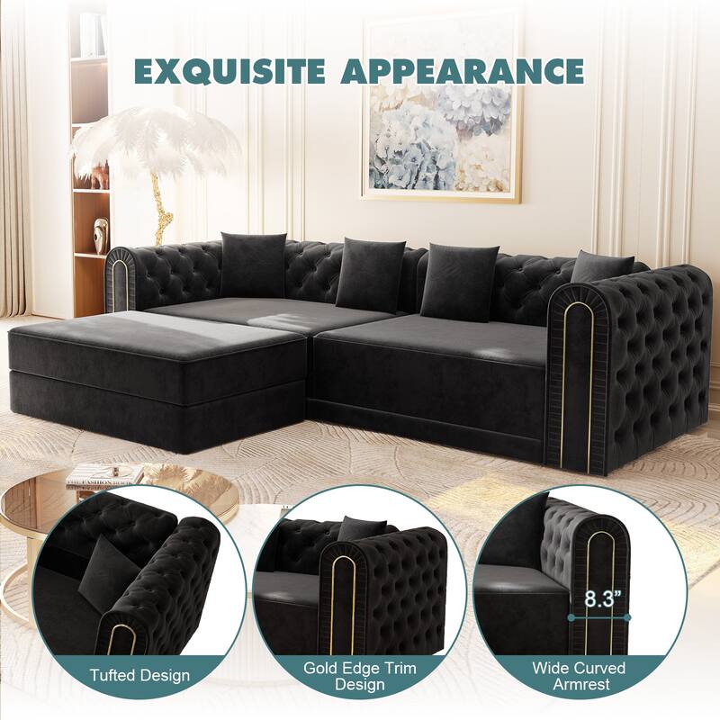 90.6" Velvet Pull Out Sofa Bed, 3-in-1 Convertible Sleeper Sofa with Movable Ottoman, Modern Button Tufted Chesterfield Sofa