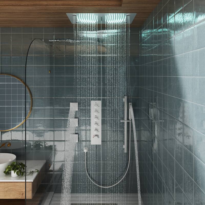 Luxury 5-Spray Patterns 28 in. Ceiling Mount Shower System with Handheld Shower Head, 3 Body Jets, LED, and Music - 16" x 28"