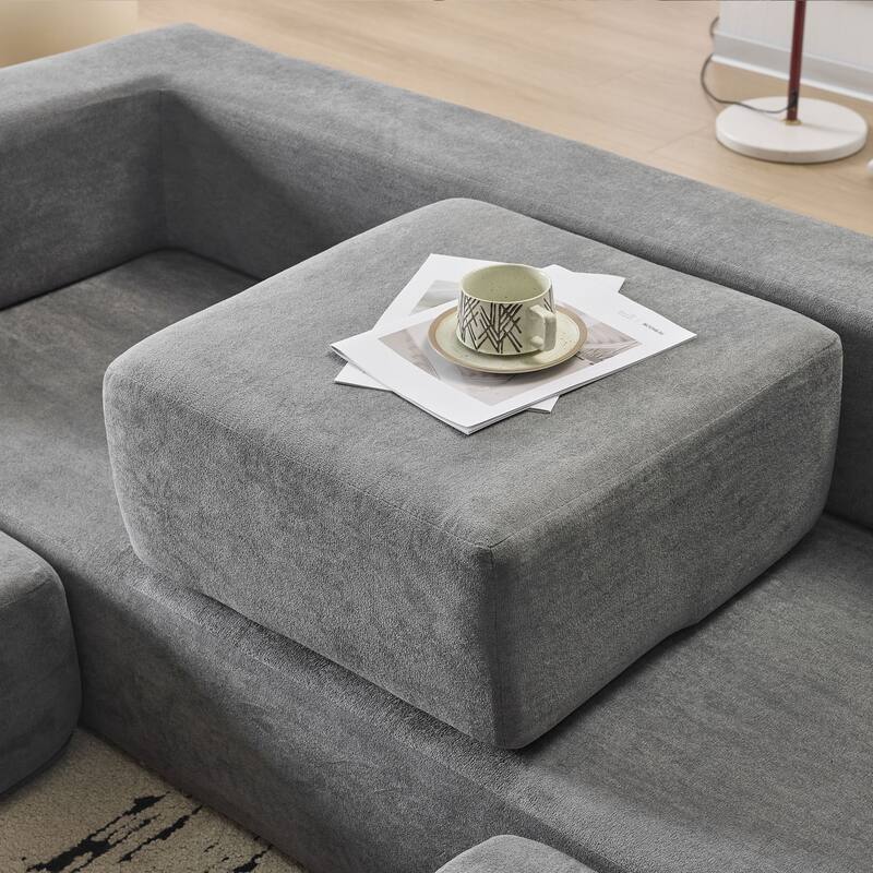 Convertible Sectional Sofa with 3 Storage Ottomans - High-Resilience Foam Sleeper, Space-Saving Grey Chenille Floor Sofa