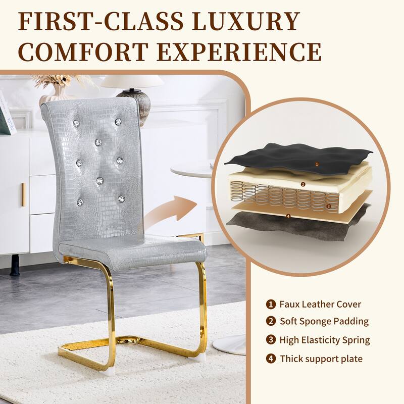 Set of 4, Retro Faux Alligator Skin Upholstered Dining Chairs, with Crystal Buckle Design and Faux Leather Design