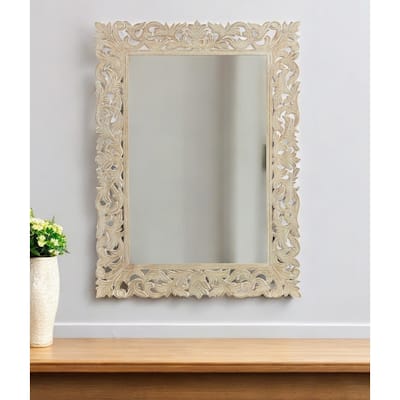 HomeRoots 47" Antiqued White Solid Wood Carved Scrollwork Accent Mirror - Antiqued White - 35' X '47' X '1