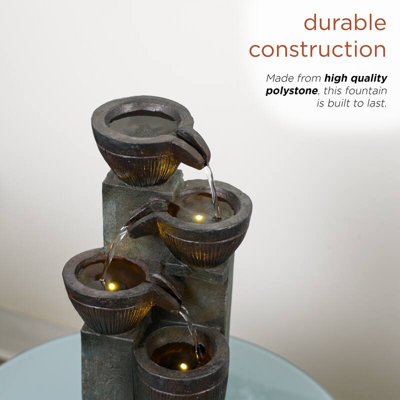 Alpine Corporation TZL416 14" Stoned Jar Water Fountain with Cascading LED Lights for Home, Office, and Desk Decor, Grey