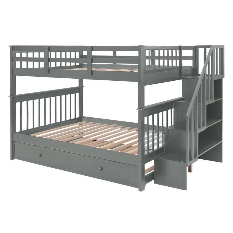 Gray Full-Over-Full Bunk Bed with Twin Trundle, Stairway Storage, Guardrails for Safety, Solid Pine Wood Construction