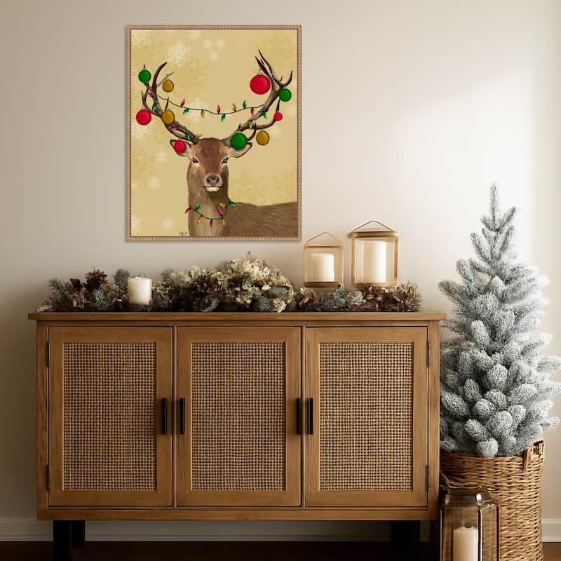 Stag and Baubles by Fab Funky (23 x 28 in.), Framed Canvas Wall Art Print - Sylvie Beaded Rustic Natural