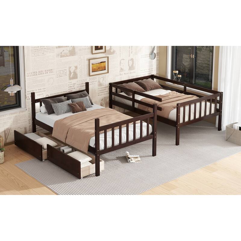 Roomfitters Twin Over Twin Rubber Wood Bunk Bed with Underbed Storage, Convertible to 2 Twin Beds, Ladder & Guardrails