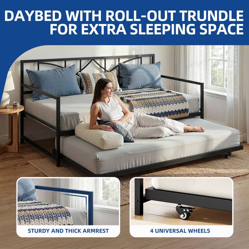 Moasis Twin Daybed with Pull Out Trundle, Metal Trundle Bed