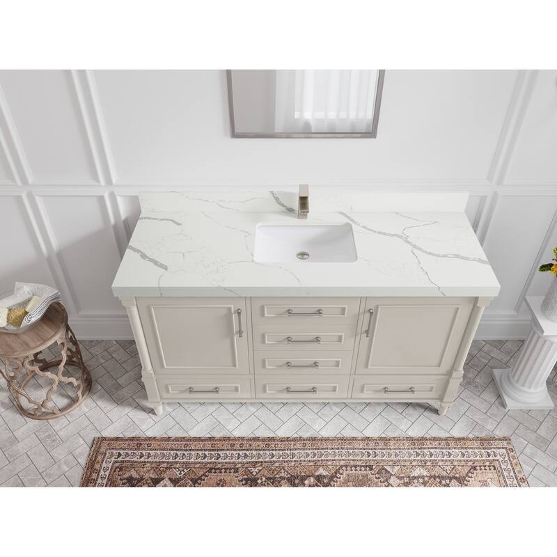 Willow Collections 60 in. W x 22 in. D Aberdeen Single Bowl Sink Bathroom Vanity with Countertop - 2" Calacatta Laza - Fine Grain