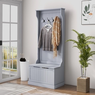 HOMCOM 28" 3-In-1 Entryway Hall Tree with Storage Bench, Coat Rack with Four Hooks and Shoe Storage, Gray