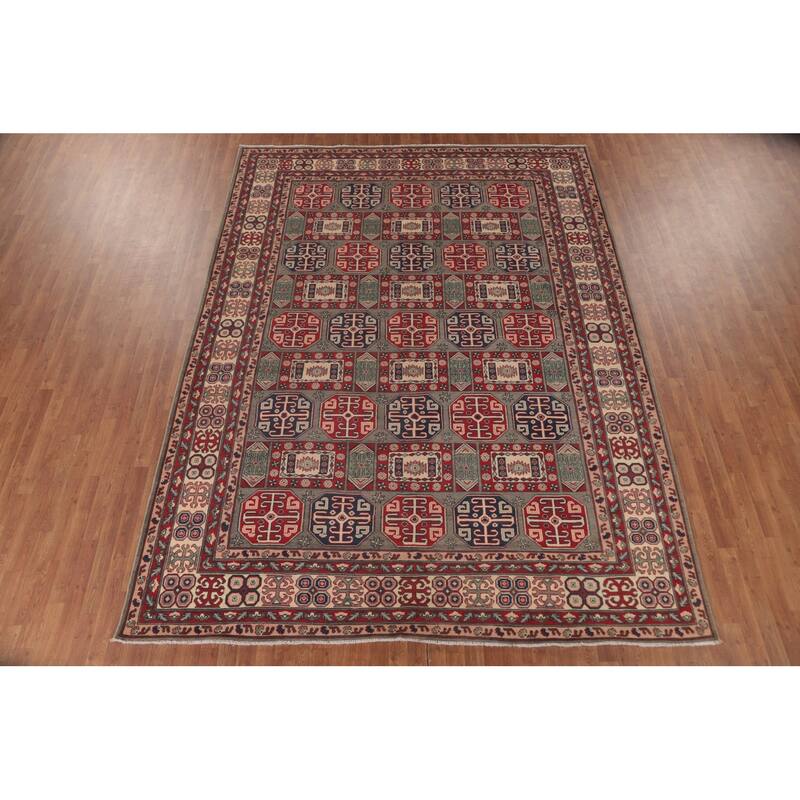 Kazak Oriental Area Rug Hand-Knotted Geometric Wool Carpet - 8'10" x 11'9"