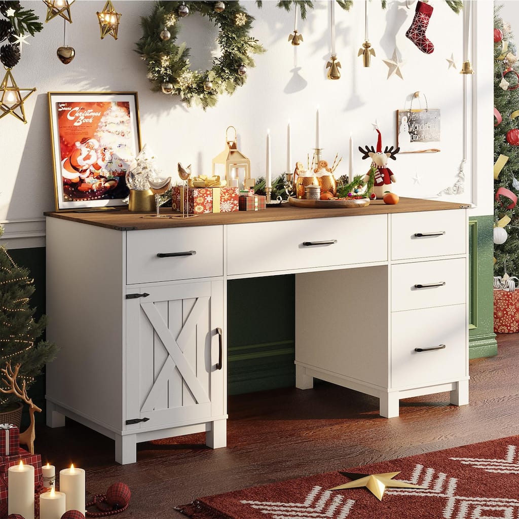AVAWING 58" Farmhouse Desk with Drawers, Charging Station & Storage Cabinet - Solid Wood Home Office Desk