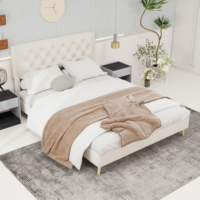 Beige Queen Size Platform Bed Frame with Upholstered Headboard - Beige