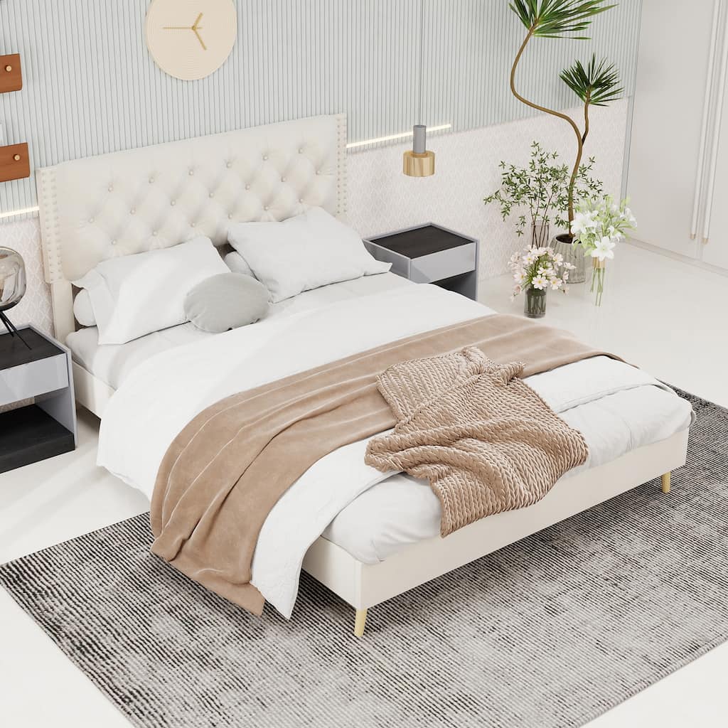 Beige Queen Size Platform Bed Frame with Upholstered Headboard