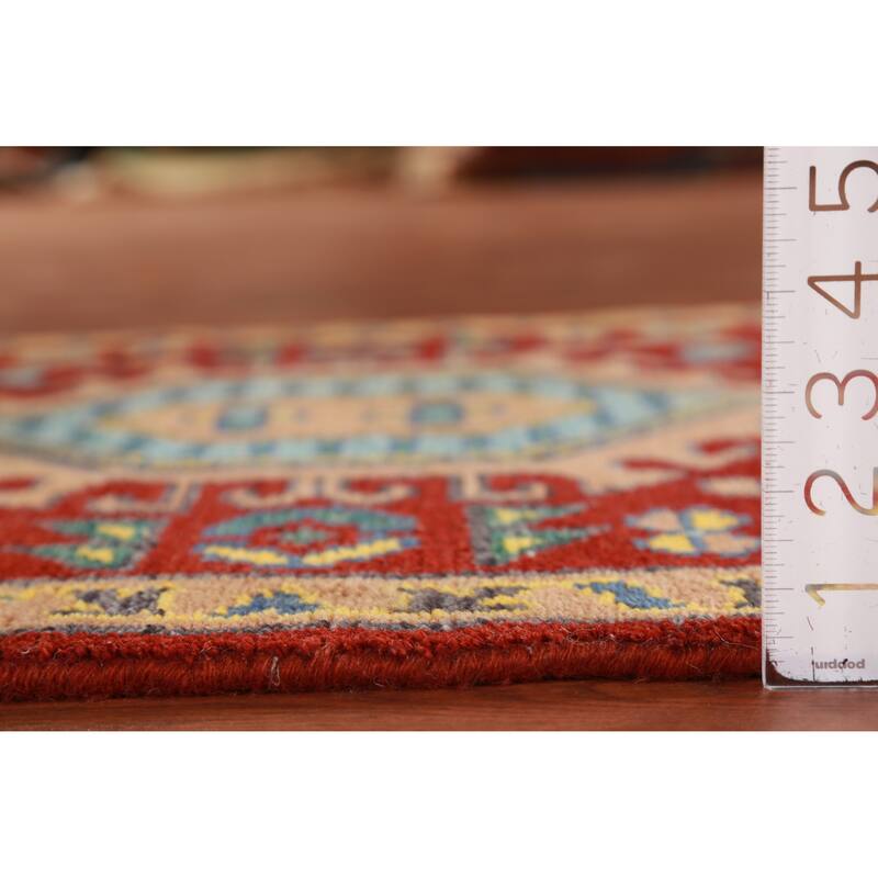 Red Geometric Khotan Indian Runner Rug Hand-Knotted Wool Carpet - 2'7"x 7'8"