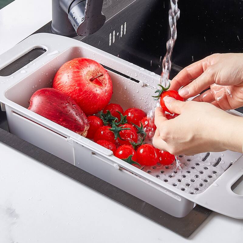 Javlergo Gray Collapsible Over the Sink Colander Adjustable Length PP Plastic Strainer Basket with Side Handles for Fruits