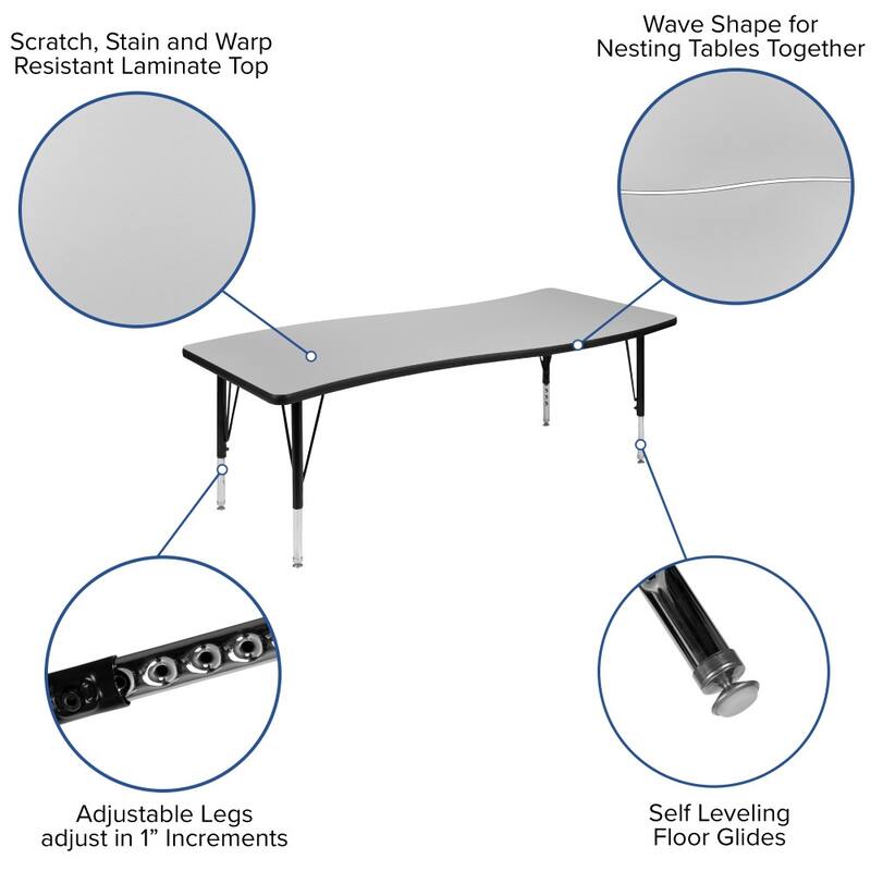 3 Piece 86" Oval Wave Flexible Grey Kids Adjustable Activity Table Set