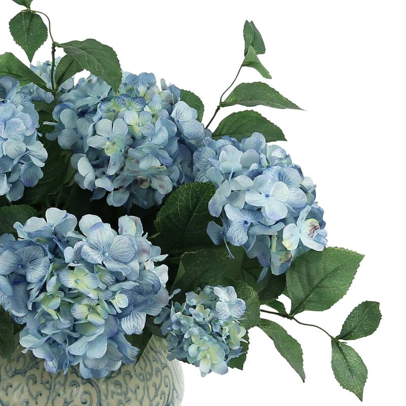 Hydrangea Floral Arrangement in a Decorative Ceramic Vase - Blue, White