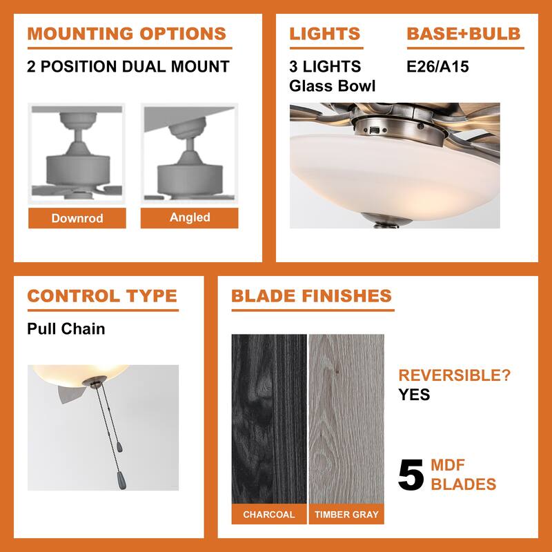 52" Traditional Antique Silver Frosted Glass Ceiling Fan with Light and Pull Chain