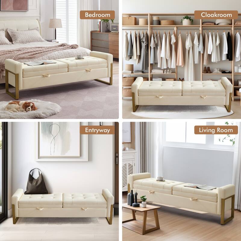 66" Storage Bench for Bedroom End of Bed with Double Lids and Gold Legs