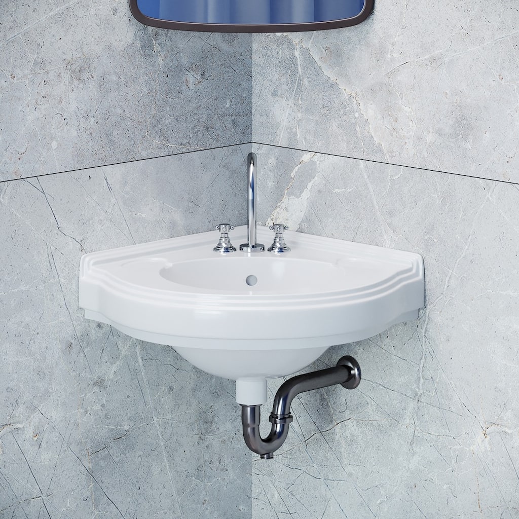 White Ceramic Portsmouth Corner Bathroom Sink 22" Wall Mount with Overflow, 4" Faucet Holes, Drain and P Trap Renovators Supply