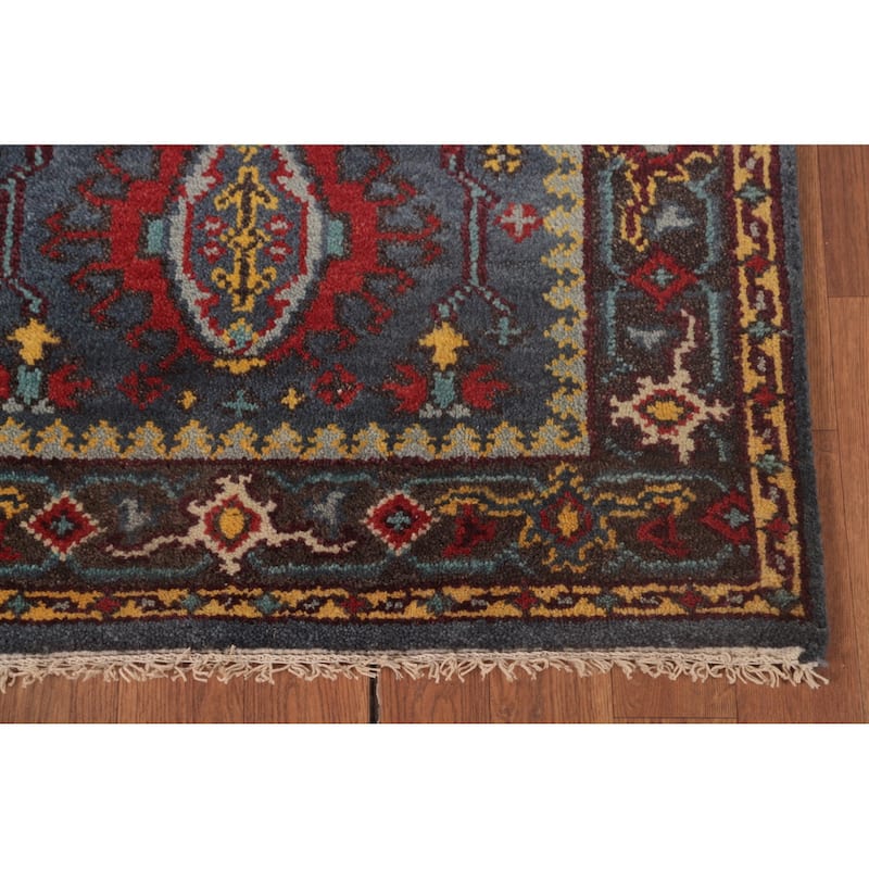 Geometric Kazak Runner Rug Handmade Blue Traditional Wool Carpet - 2'8"x 8'0"