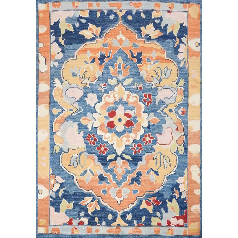 Hand Knotted Oriental 100% Wool Carpet Transitional Floral Navy Blue & Blues Oushak Area Rug - 9' 10'' X 8' 3''