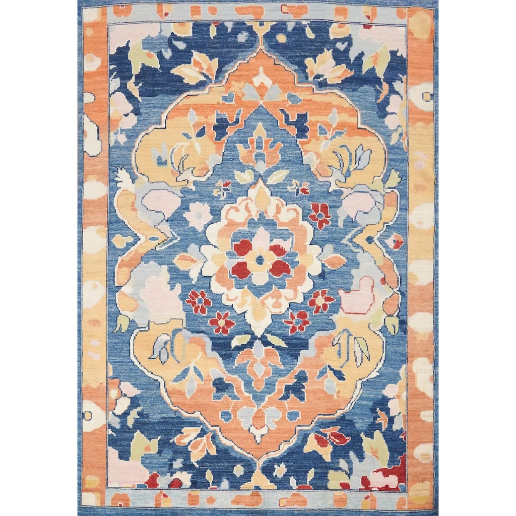 Hand Knotted Oriental 100% Wool Carpet Transitional Floral Navy Blue & Blues Oushak Area Rug - 9' 10'' X 8' 3''