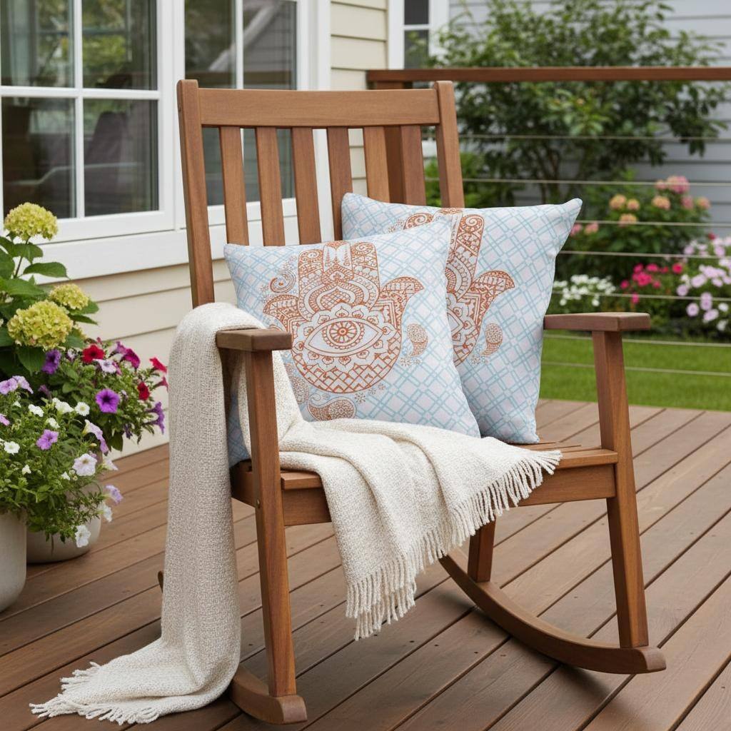 HomeRoots Set of Two 16" X 16" Blue and Orange Blown Seam Hamsa Indoor Outdoor Throw Pillow - 16.00' X '16.00' X '5.00