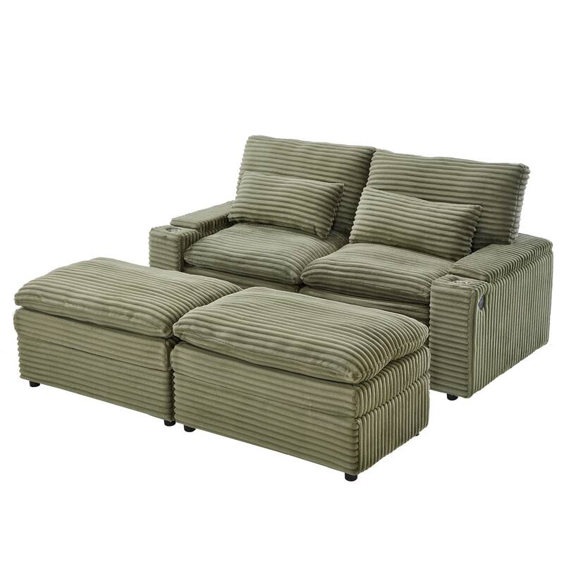 L-Shaped Corduroy Sectional Sofa w/ USB Ports & Cup Holders, 2-seater Sofa Loveseat w/ 2 Ottomans, Convertible Sleeper Sofa Bed