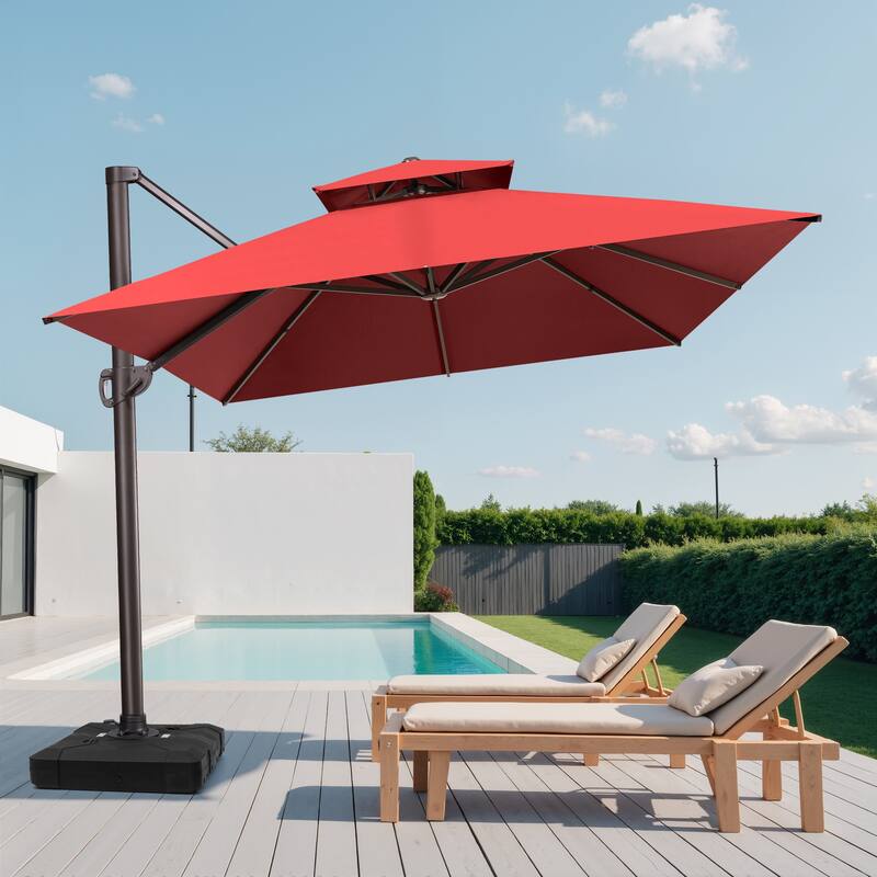 10X12.5 FT Outdoor Dual Top Patio Offset Umbrella 360 degrees Rotation with Base - Red