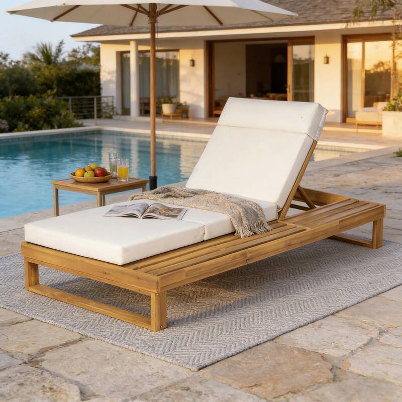 Christopher Knight Home - Modern Outdoor Acacia Wood Chaise Lounge with 4-Position Adjustable Backrest & 4-Fold Cushion
