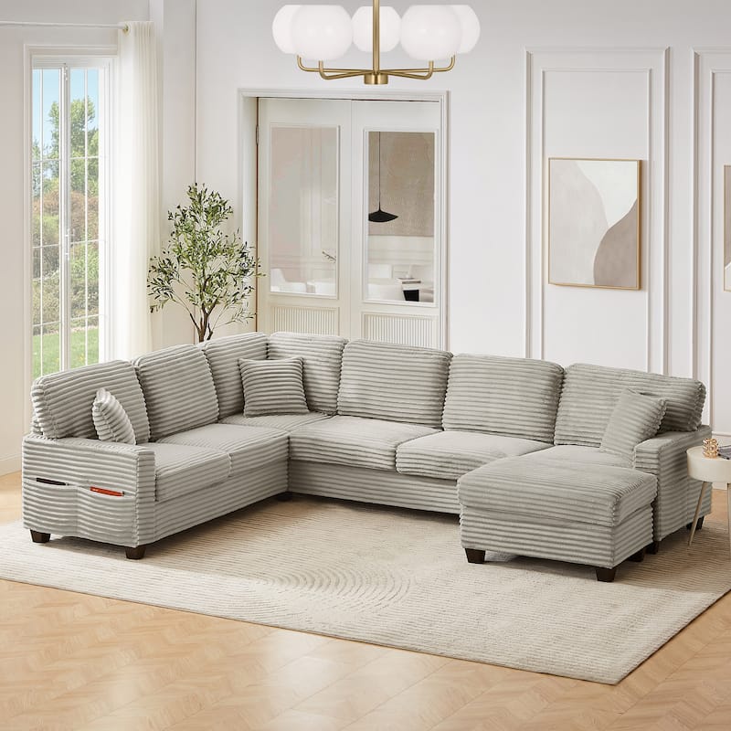 Roomfitters 125 Inch U-Shaped Sectional Sofa with Movable Ottoman, Corduroy Fabric, Side Pockets, Light Taupe